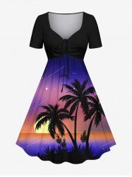 Plus Size Coconut Tree Sun Galaxy Ombre Print Cinched Hawaii Dress -  