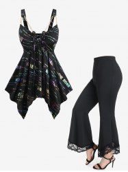Ombre Glitter Letters Print Lace Up Asymmetric Top and Lace Panel High Waisted Flare Pants Plus Size Outfit -  
