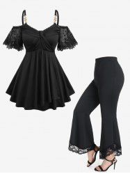 Flower Lace Jacquard Embroidery Sleeve Crossover Top and High Waisted Flare Pants Plus Size Outfit -  