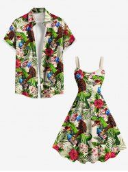 Tenue de plage hawaïenne assortie grande taille, motif feuilles tropicales, hibiscus, gorilles, dinosaures, drapeau américain patriotique, pour couples - Vert 