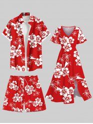 Tenue de plage hawaïenne assortie grande taille, imprimé bicolore, motif cocotier et fleur d'hibiscus, pour couples - Rouge 