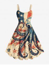 Plus Size Distressed Octopus Patriotic American Flag Print Hawaii A Line Tank Dress -  