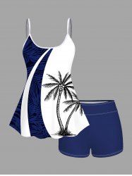 Plus Size Coconut Tree Tropical Leaf Colorblock Print Boyleg Tankini Swimsuit -  