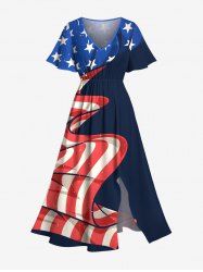Plus Size Crinkle Patriotic American Flag Print Split Pocket A Line Midi Dress -  
