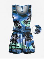 Plus Size Coconut Tree Sea Flower Print Hawaii Drawstring Pocket Romper -  