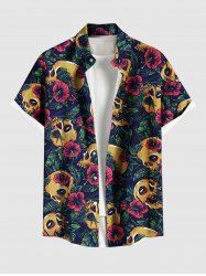 Plus Size Skull Tropical Leaf Hibiscus Flower Print Hawaii Button Pocket Shirt For Men -  