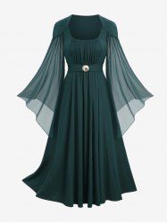 Plus Size Shell Buckle Waist Ruched Panel Sheer Mesh Flare Sleeves Dress -  