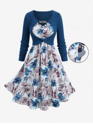 Plus Size Flowers Leaf Watercolor Print Ruffles Ruched Cami Dress With Chain Panel Hollow Out Textured Top -  