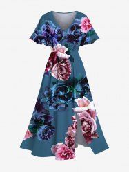 Plus Size 3D Ombre Flower Print Hawaii Split Pocket A Line Midi Dress -  