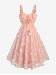 Floral Jacquard Butterfly Lace Grommets Ruched Lace-up Panel Buckles Tank Dress -  