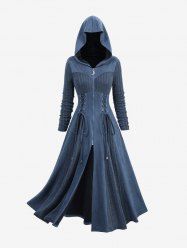 Plus Size Grommets Lace Up Zip Up Ribbed Textured Marled Patchwork Hooded Coat -  