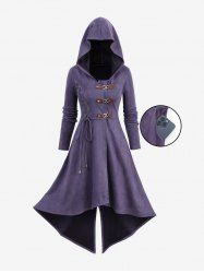 Plus Size Buckles Lace Up Grommets High Low Split Hooded Coat -  