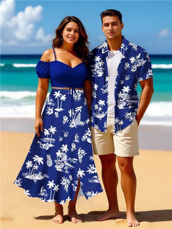 Tenue de plage hawaïenne assortie grande taille, motif cocotier, paysage marin, fleurs et ananas, pour couples Bleu 