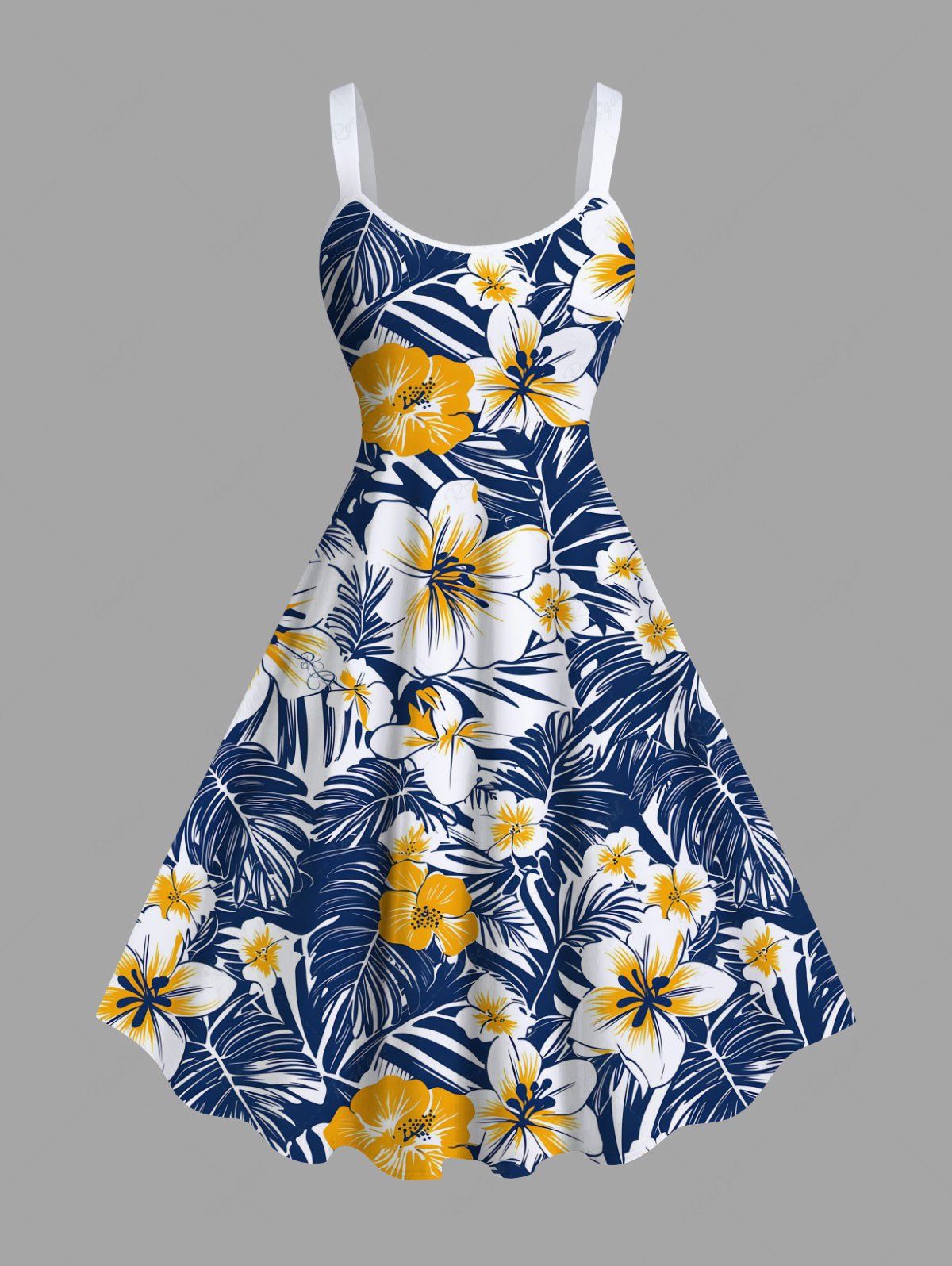Hot Plus Size Tropical Leaves Hibiscus Floral Print Hawaii A Line Tank Dress  