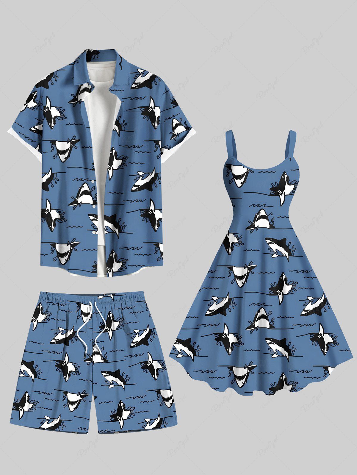Affordable Shark Sea Waves Print Plus Size Matching Hawaii Beach Outfit For Couples  
