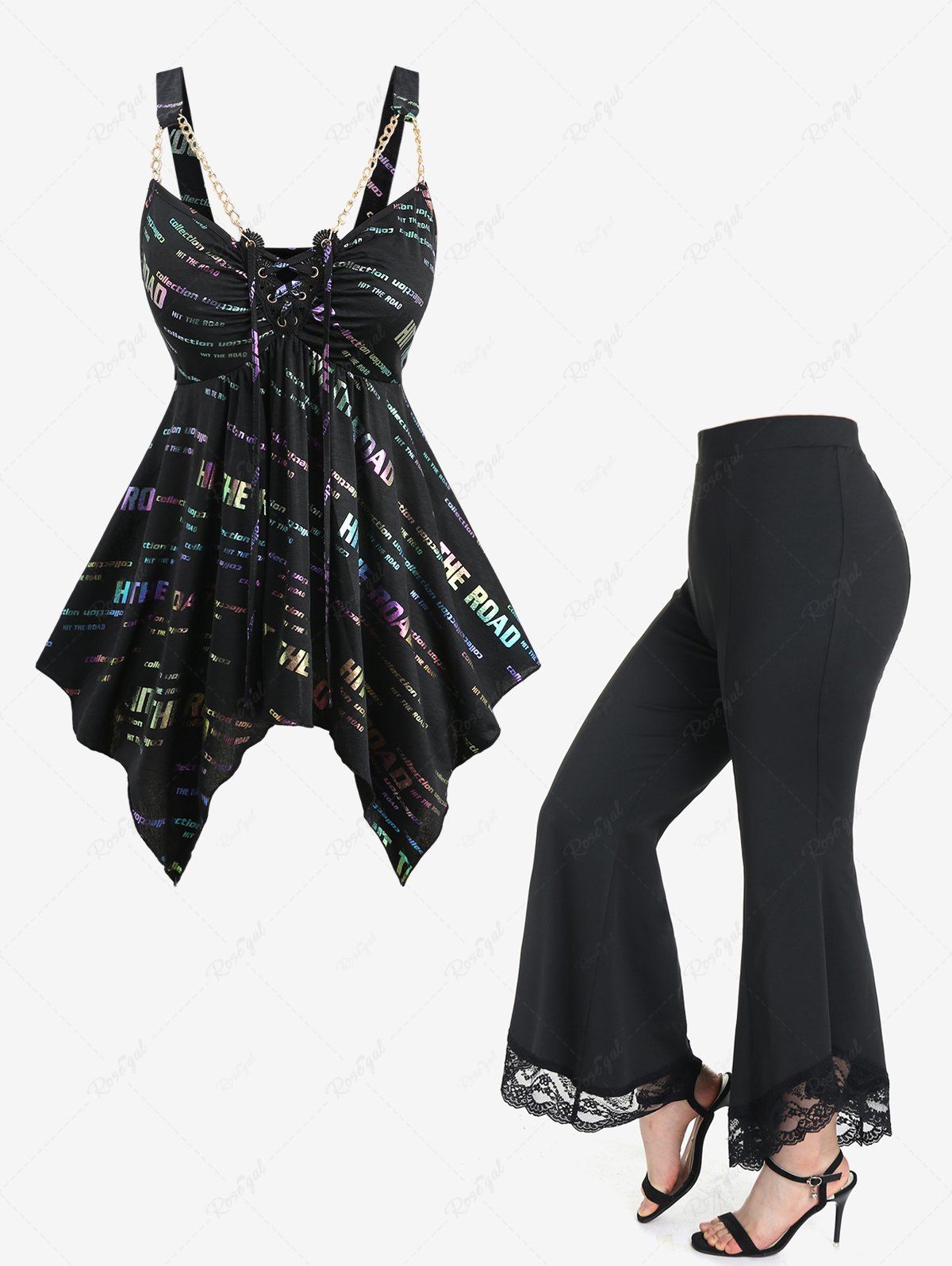 Trendy Ombre Glitter Letters Print Lace Up Asymmetric Top and Lace Panel High Waisted Flare Pants Plus Size Outfit  