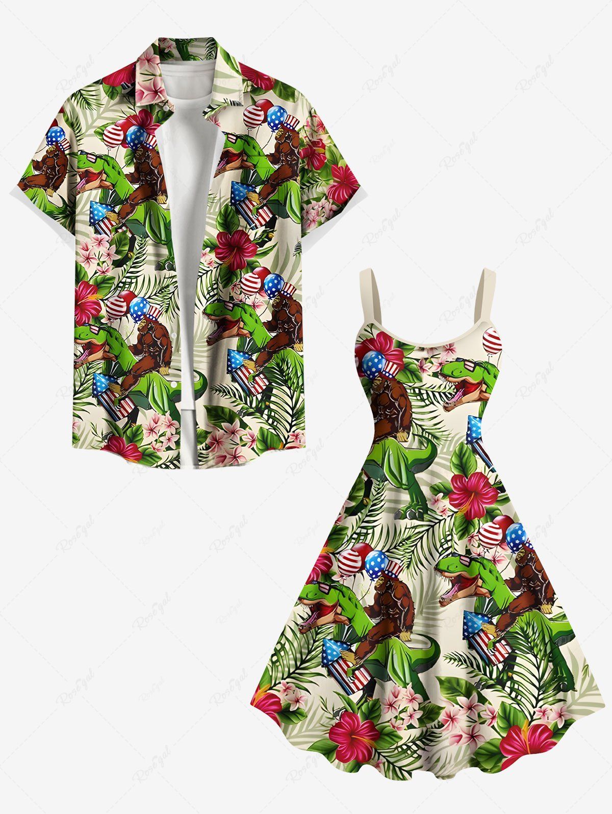 Tenue de plage hawaïenne assortie grande taille, motif feuilles tropicales, hibiscus, gorilles, dinosaures, drapeau américain patriotique, pour couples Vert 