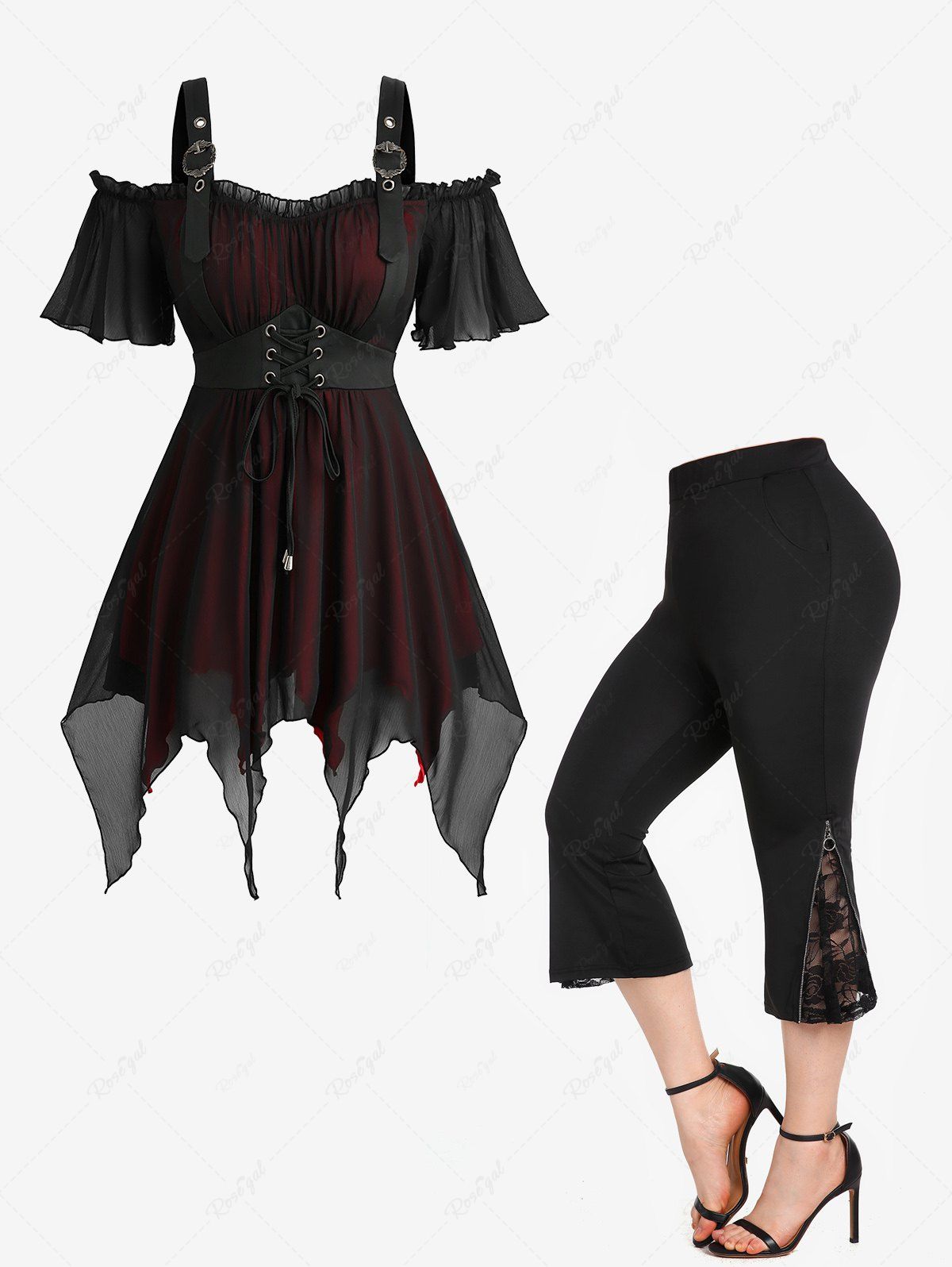 Shops Lace-up Cold Shoulder Asymmetrical Blouse and Lace Panel Pull On Pants Plus Size Outfit  