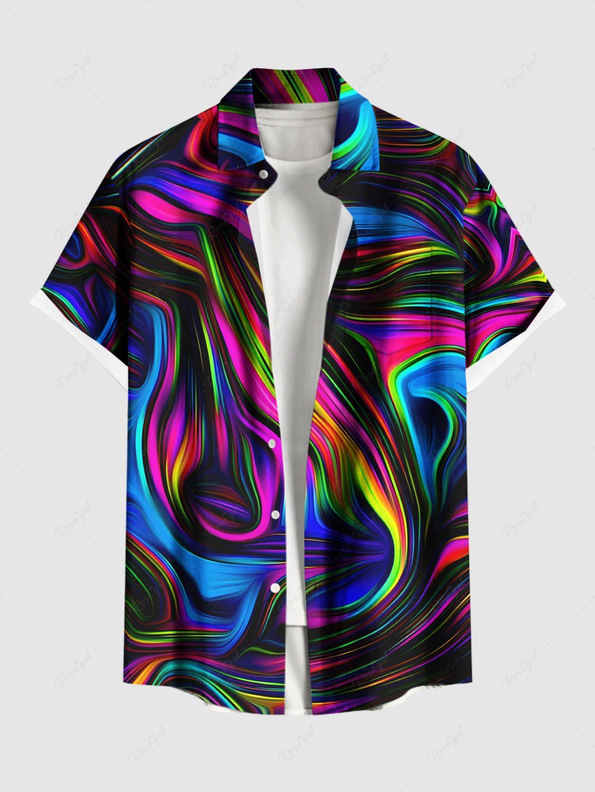 Chemise hawaïenne grande taille à imprimé courants océaniques colorés et poches à boutons pour homme Noir 6XL