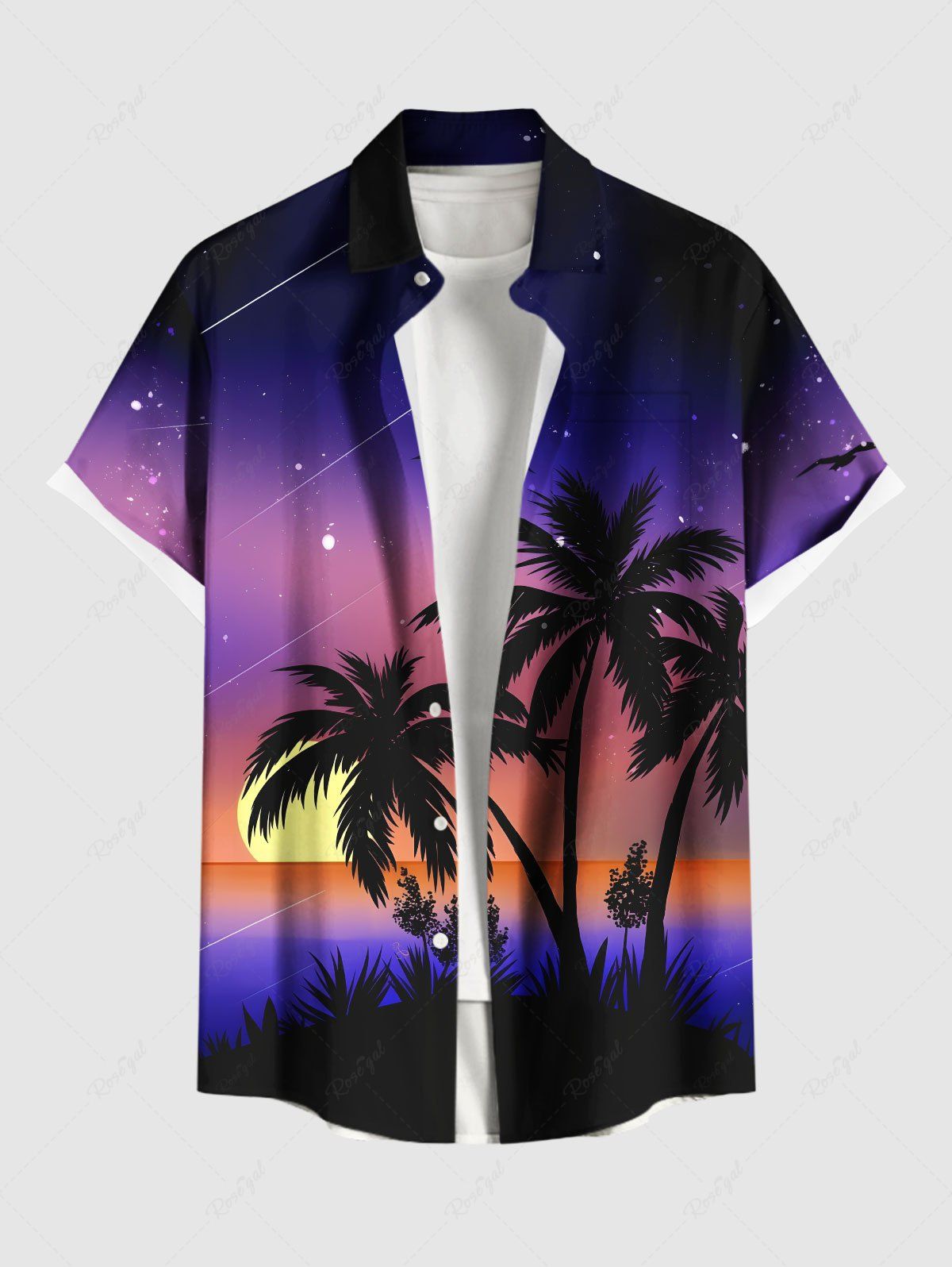 Chemise hawaïenne grande taille à imprimé cocotier, soleil, galaxie, boutons et poches pour homme Pourpre  M