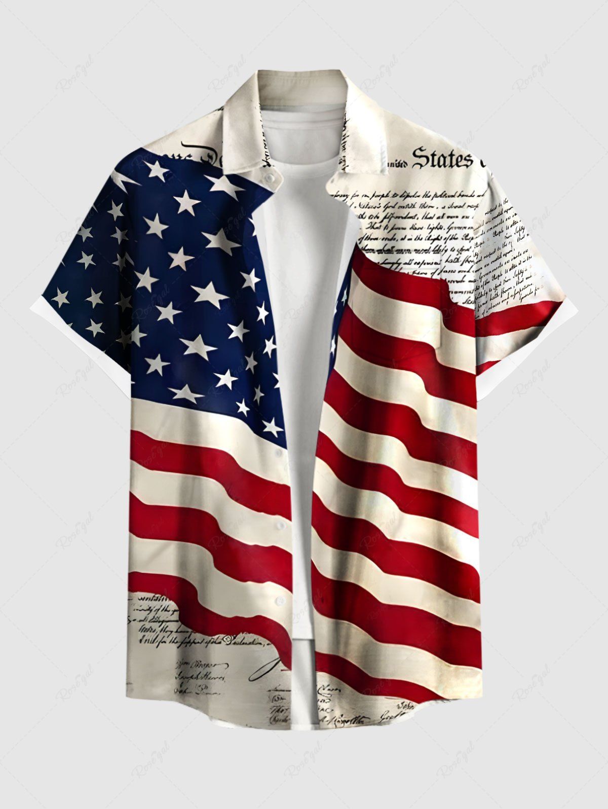 Chemise grande taille à boutons et poches, imprimé journal, drapeau américain patriotique, pour homme Blanc 6XL