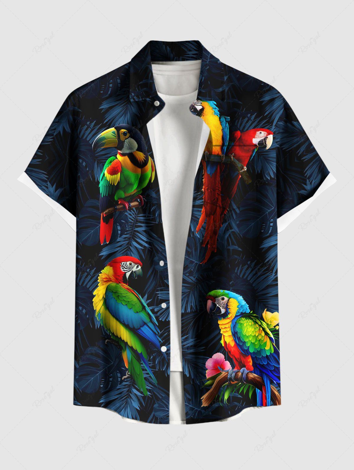 Chemise hawaïenne grande taille à imprimé perroquet coloré et feuilles tropicales pour homme Bleu de Minuit 6XL
