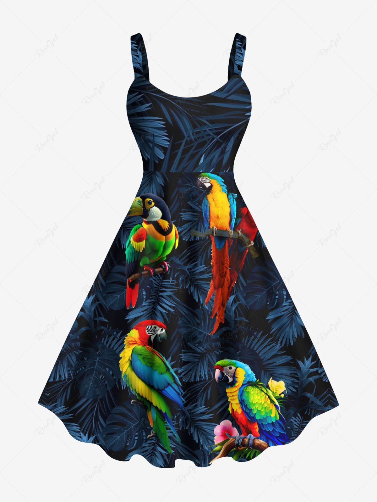 Latest Plus Size Tropical Leaf Colorful Parrot Print Hawaii Tank Dress  