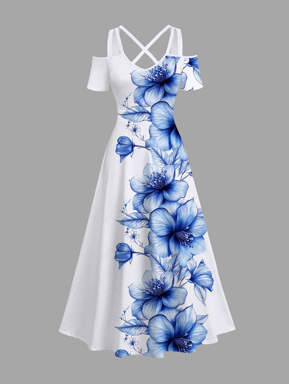 Latest Plus Size Flowers Leaf Print Cold Shoulder Crisscross Hawaii Maxi Dress  