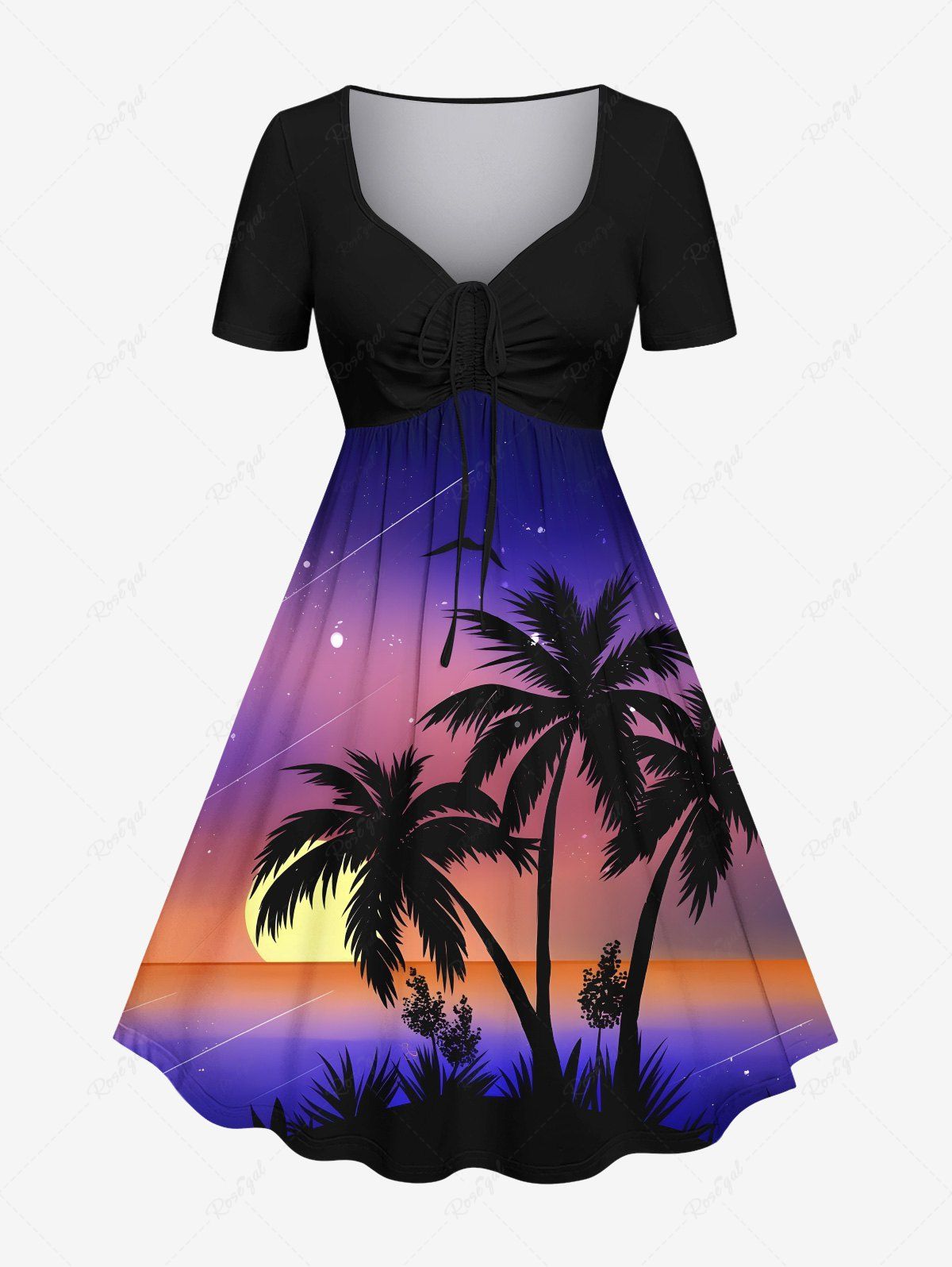 Discount Plus Size Coconut Tree Sun Galaxy Ombre Print Cinched Hawaii Dress  