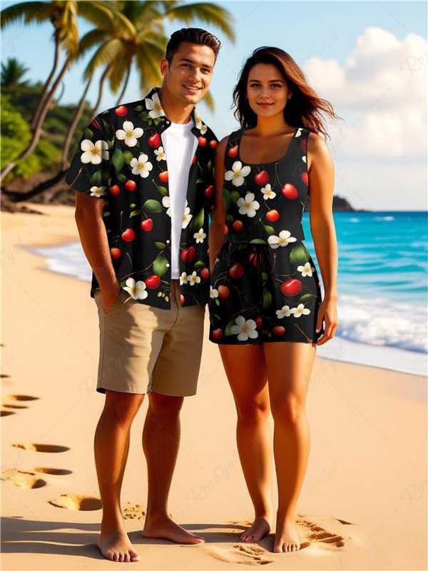 Ensemble chemise et barboteuse hawaïennes assorties, grande taille, tenue de plage à imprimé fleurs et feuilles de cerisier pour couples Noir 