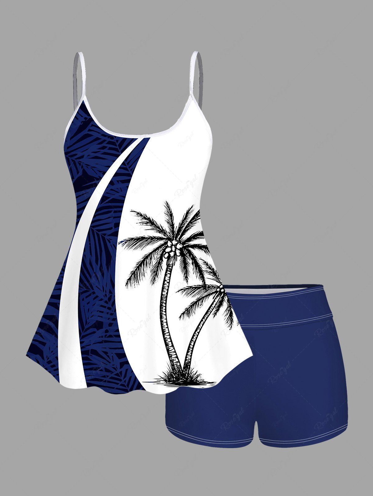 Best Plus Size Coconut Tree Tropical Leaf Colorblock Print Boyleg Tankini Swimsuit  