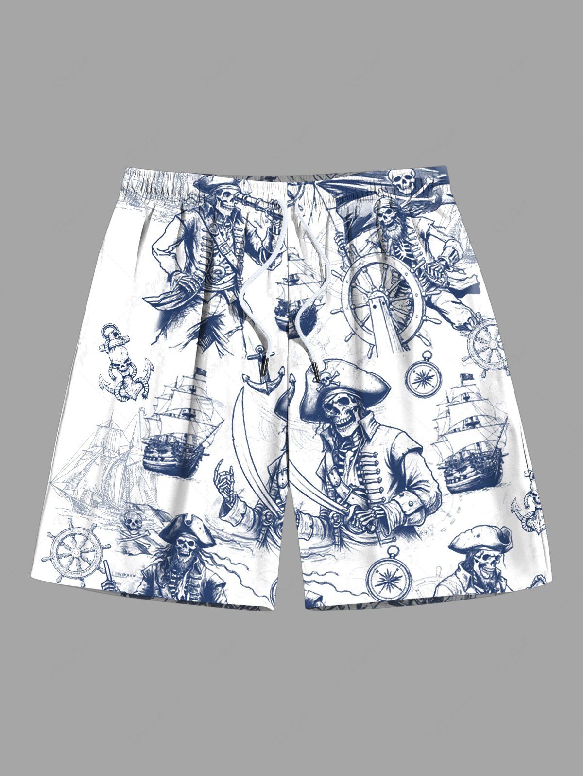 Fashion Plus Size Skull Pirate Ship Rudder Cruise Print Hawaii Beach Shorts For Men  