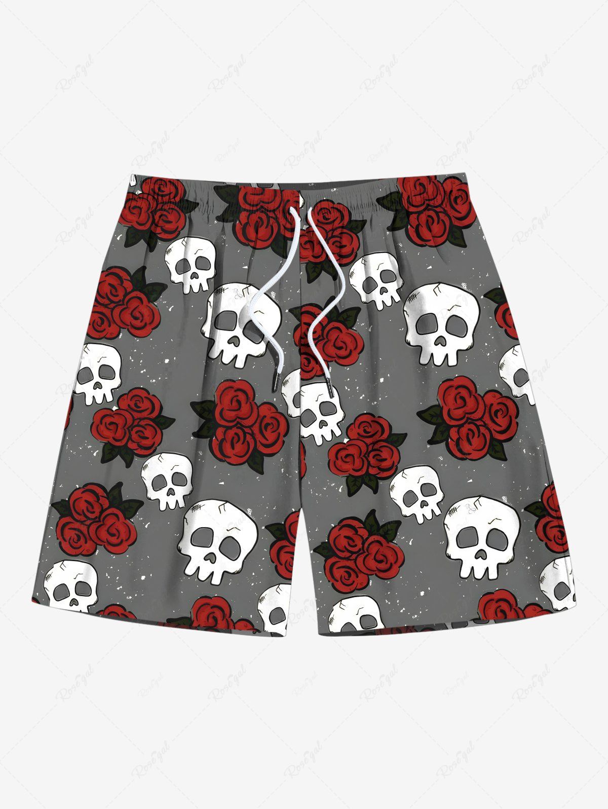 Fashion Plus Size Skull Rose Flower Print Hawaii Drawstring Beach Shorts For Men  