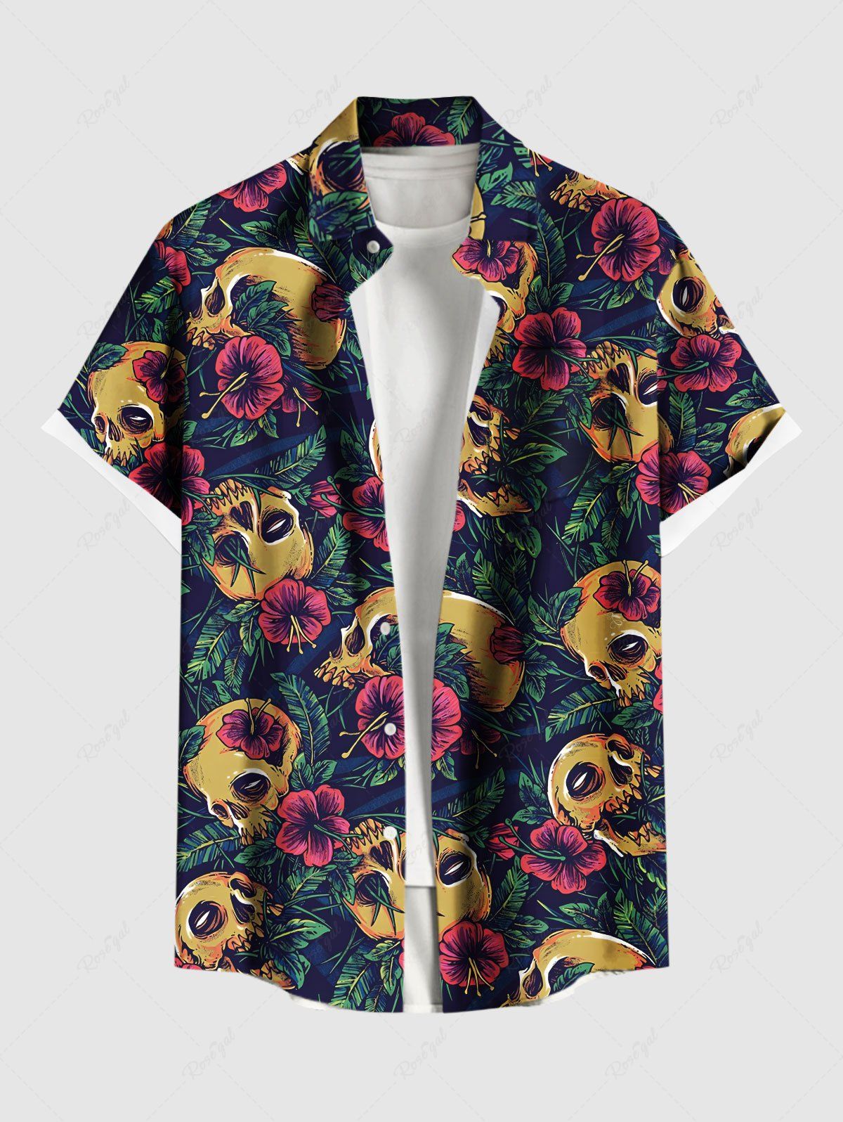 Chic Plus Size Skull Tropical Leaf Hibiscus Flower Print Hawaii Button Pocket Shirt For Men  