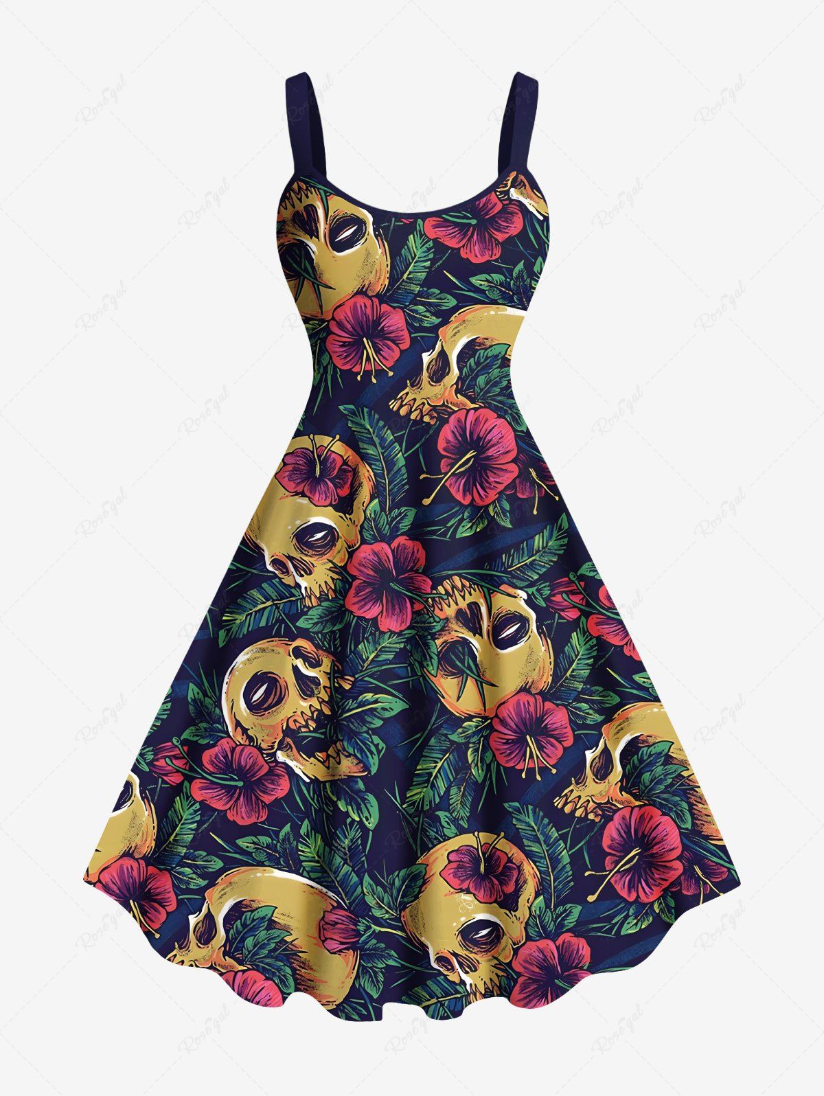 Store Plus Size Skull Tropical Leaf Hibiscus Flower Print Hawaii A Line Tank Dress  