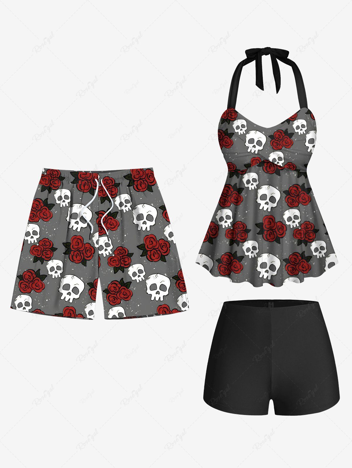 Maillot de bain short imprimé tête de mort et rose, tenue de plage hawaïenne assortie pour couples Gris Foncé 