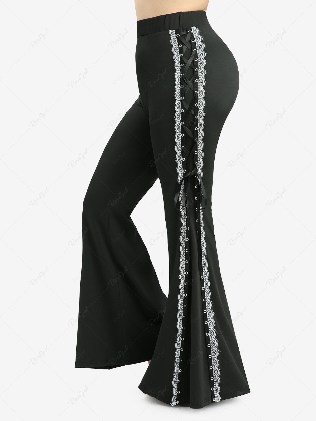 Pantalon évasé bicolore à lacets et œillets latéraux grande taille Noir 4X | US 26-28