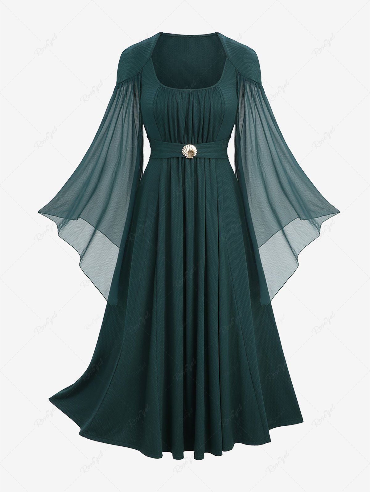 Store Plus Size Shell Buckle Waist Ruched Panel Sheer Mesh Flare Sleeves Dress  