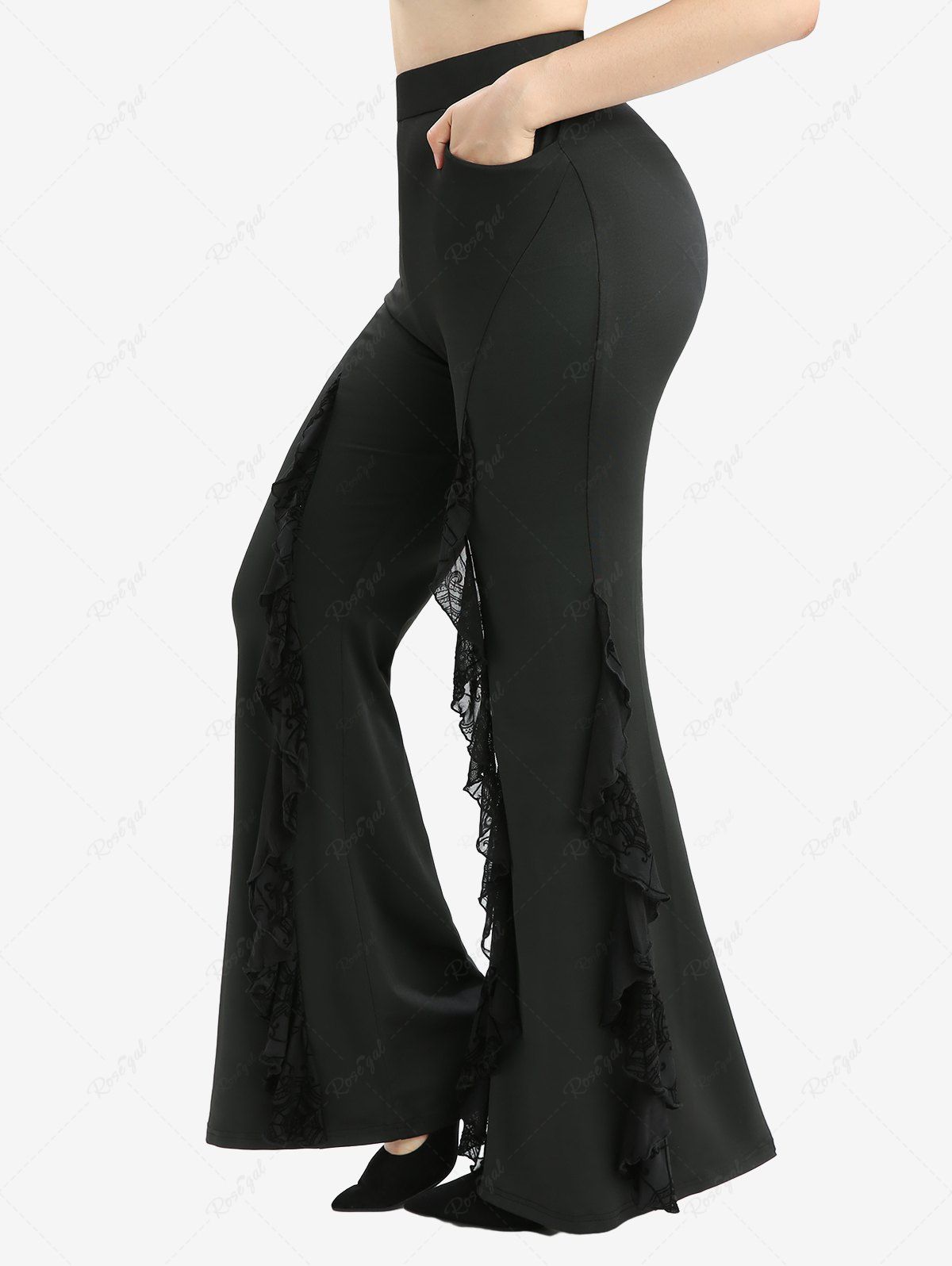 Pantalon évasé grande taille à volants et motif toile d'araignée Noir 5x | US 30-32
