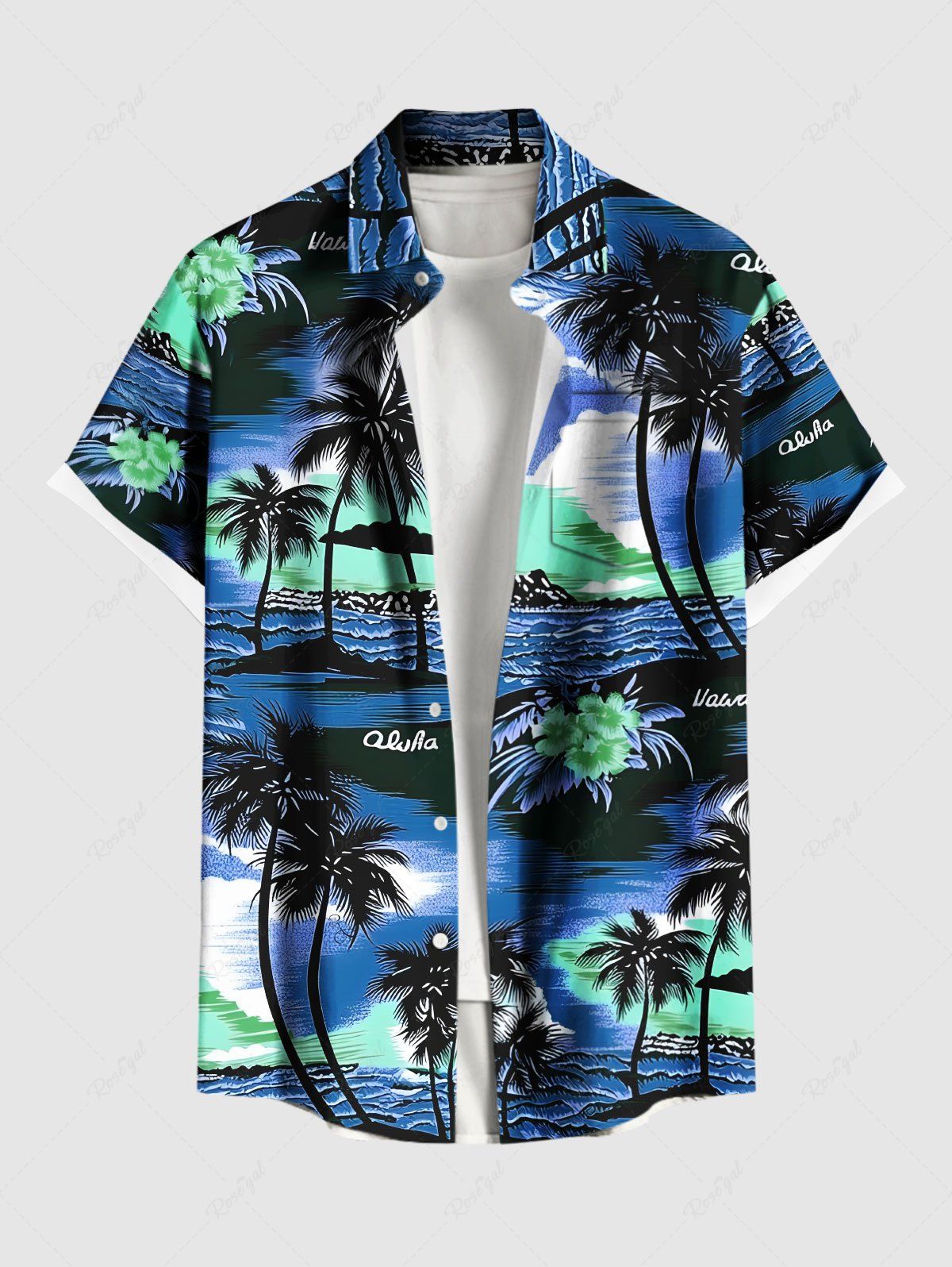 Chemise hawaïenne grande taille à imprimé cocotiers et fleurs de mer pour homme Bleu L