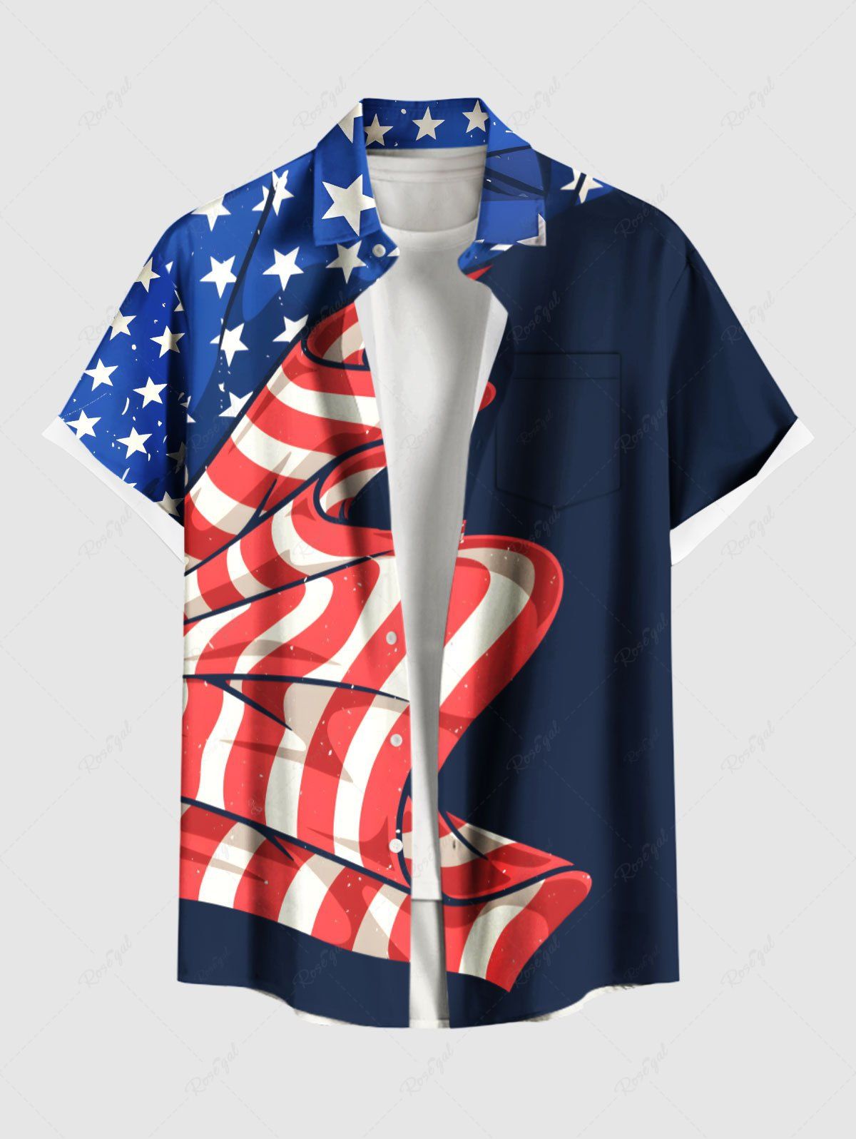 Chemise grande taille froissée à imprimé drapeau américain patriotique avec poche boutonnée pour homme Noir L