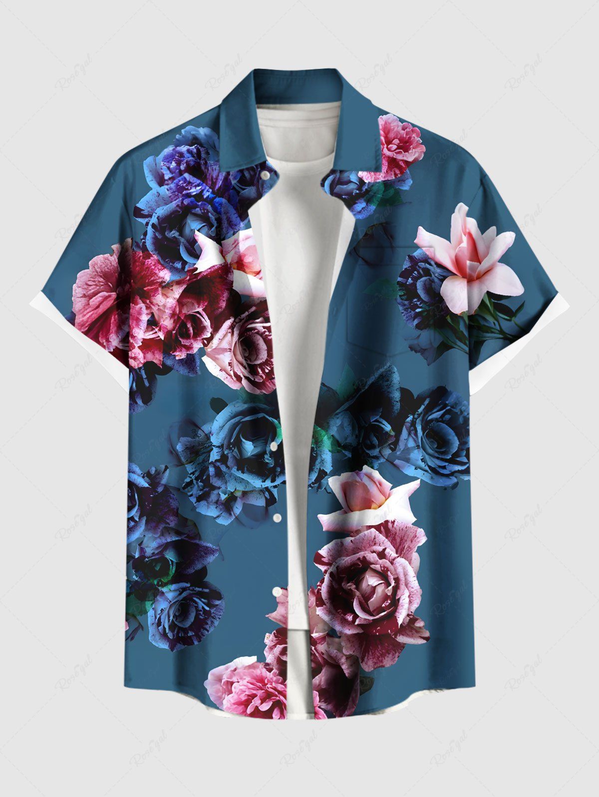 Chemise hawaïenne grande taille à imprimé floral ombré 3D et poches boutonnées pour homme Bleu profond 5XL