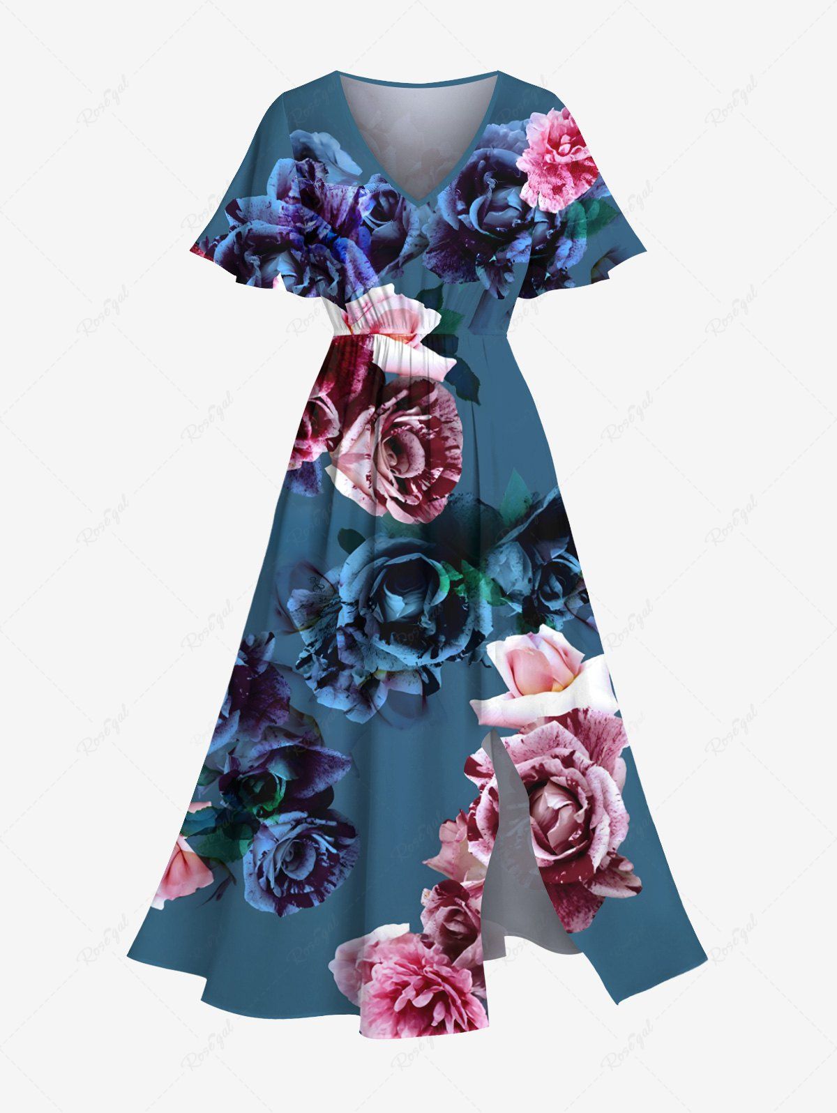 Robe mi-longue hawaïenne grande taille à imprimé floral ombré 3D avec poches fendues Bleu 6X