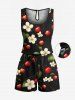 Ensemble chemise et barboteuse hawaïennes assorties, grande taille, tenue de plage à imprimé fleurs et feuilles de cerisier pour couples - Noir 