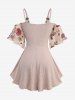 Rose Print Surplice Chains Cold Shoulder Blouse and Lace Pull On Pants Plus Size Outfit -  