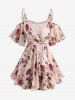 Rose Print Surplice Chains Cold Shoulder Blouse and Lace Pull On Pants Plus Size Outfit -  