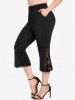 Rose Print Surplice Chains Cold Shoulder Blouse and Lace Pull On Pants Plus Size Outfit -  
