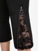 Rose Print Surplice Chains Cold Shoulder Blouse and Lace Pull On Pants Plus Size Outfit -  