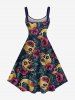 Plus Size Skull Tropical Leaf Hibiscus Flower Print Hawaii A Line Tank Dress -  