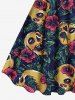 Robe débardeur trapèze hawaïenne grande taille à imprimé tête de mort, feuilles tropicales et fleurs d'hibiscus - Vert profond L